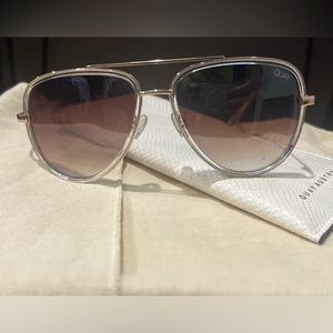 QUAY All In Sunglasses Clear Gold Frame Brown Gradient Lens Aviators